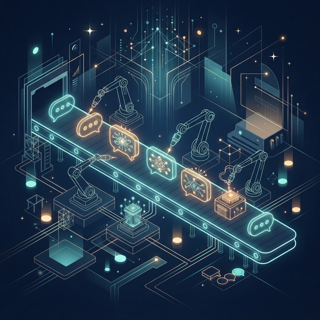等距视角的智能体流水线示意图:机械臂在传送带上装配对话气泡与神经网络图形