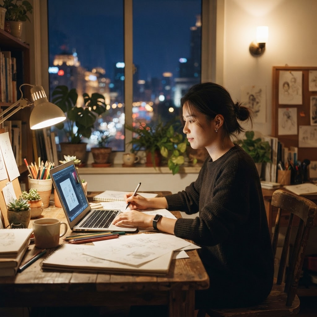 一位创业者在小型工作室里独自工作到深夜,桌上摆着笔记本电脑与设计草图