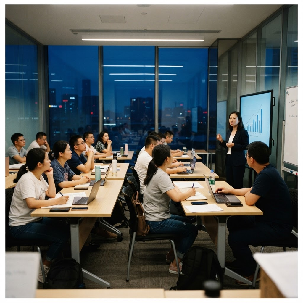 园区夜校课堂现场:学员在晚间课程中听讲并做笔记